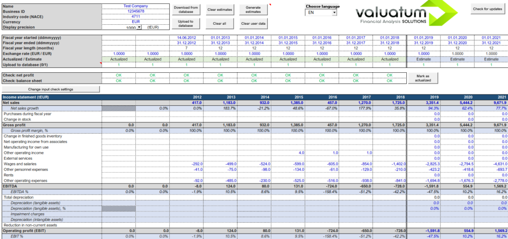 Main sheet in our Excel models